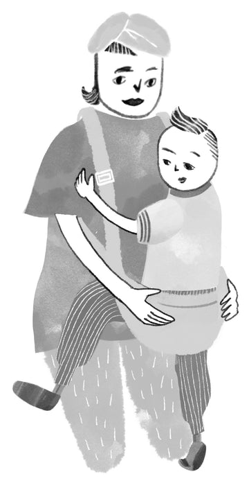 お子さまと向き合った状態で、バッグ本体をお子さまの頭の後ろ側に被せ、バッグ...